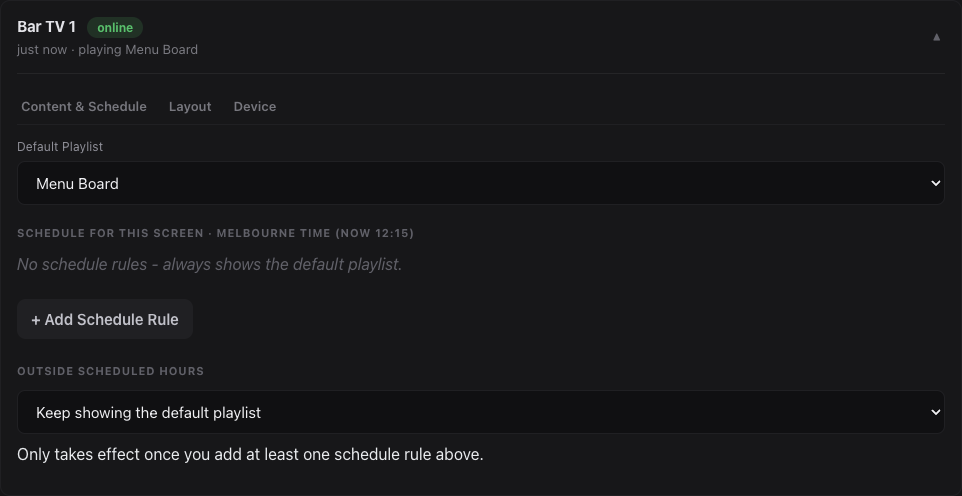 A screen's Content & Schedule tab, with its default playlist.