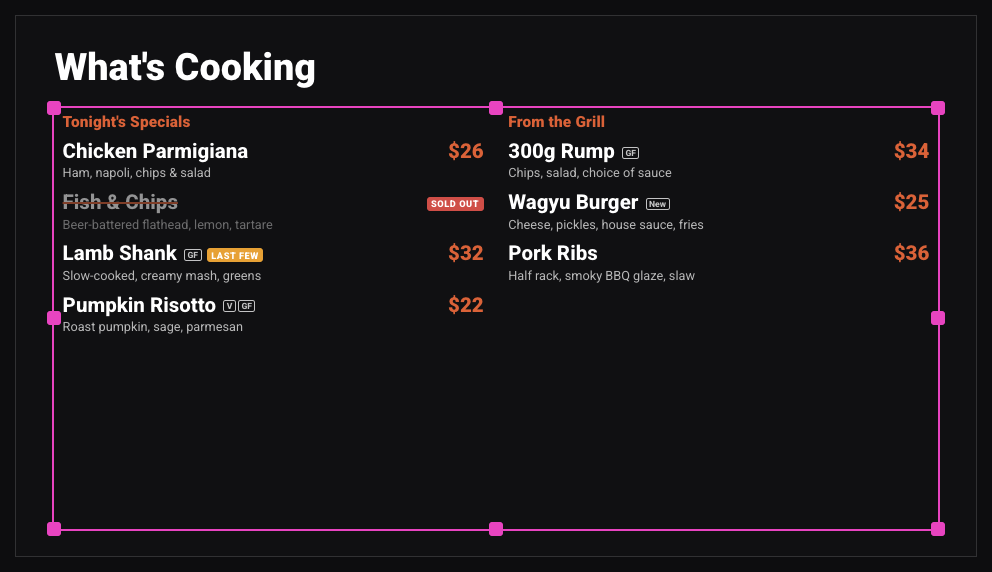 The design editor shows the live menu as it'll appear.