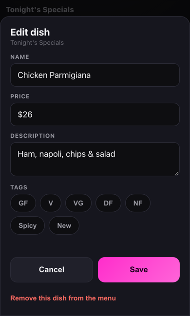 Editing a dish on a phone.
