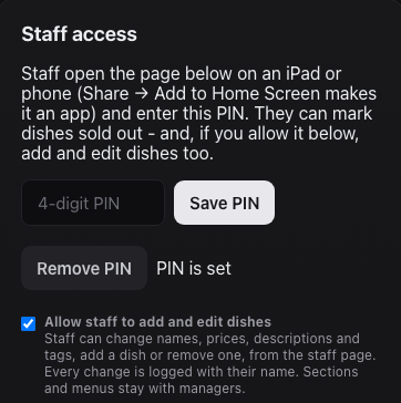 The Allow staff to add and edit dishes tick box.