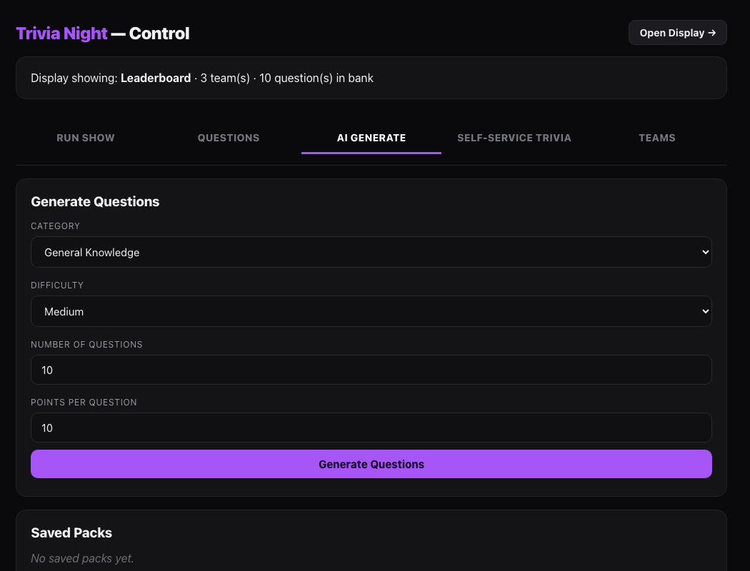 AI Generate: pick a category, difficulty and how many.